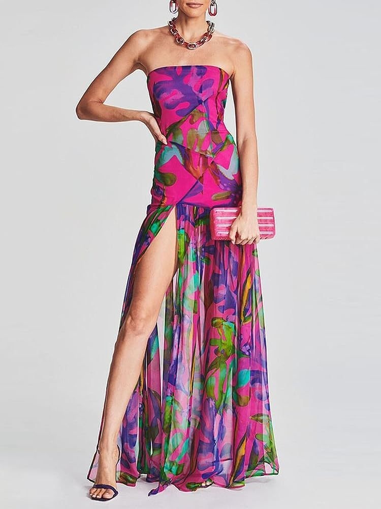 Tube Top Long Dress Sexy Strapless Mesh Backless High Slit Maxi Dress