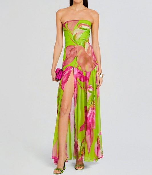 Tube Top Long Dress Sexy Strapless Mesh Backless High Slit Maxi Dress