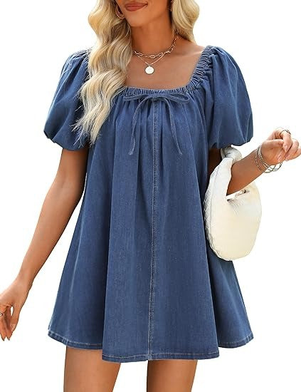 Puff Short Sleeve Jean Dress With Pockets