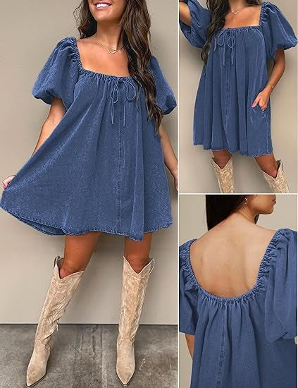 Puff Short Sleeve Jean Dress With Pockets
