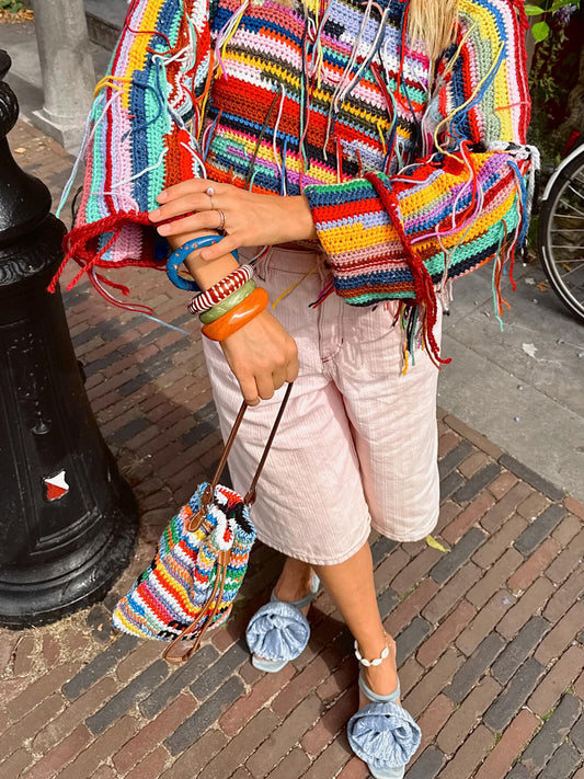 Skew Neck Fringed Multicolor Knit Sweater