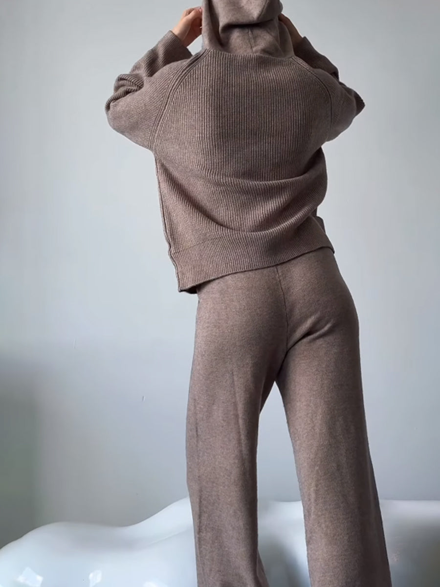 Hooded Collar Knitted Sweater Two Pieces Set