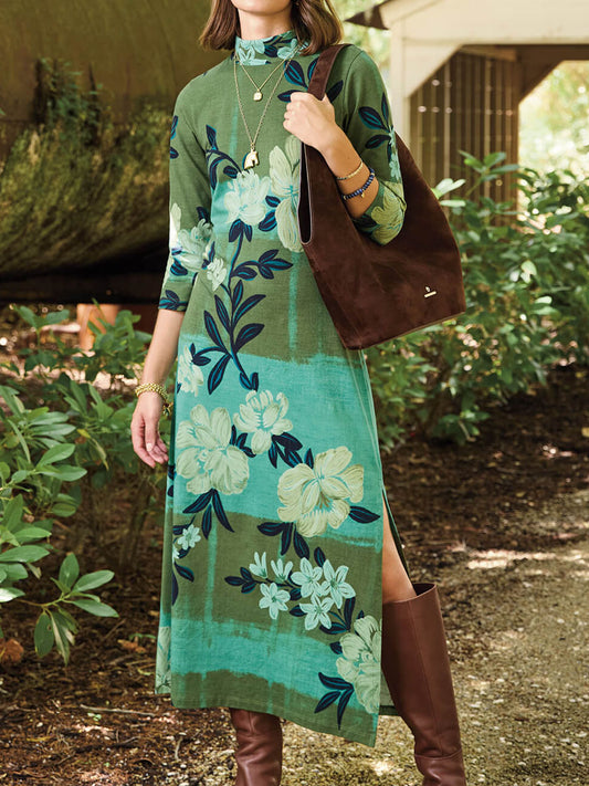 Mock Neck Printed 3/4 Sleeve Length Dress