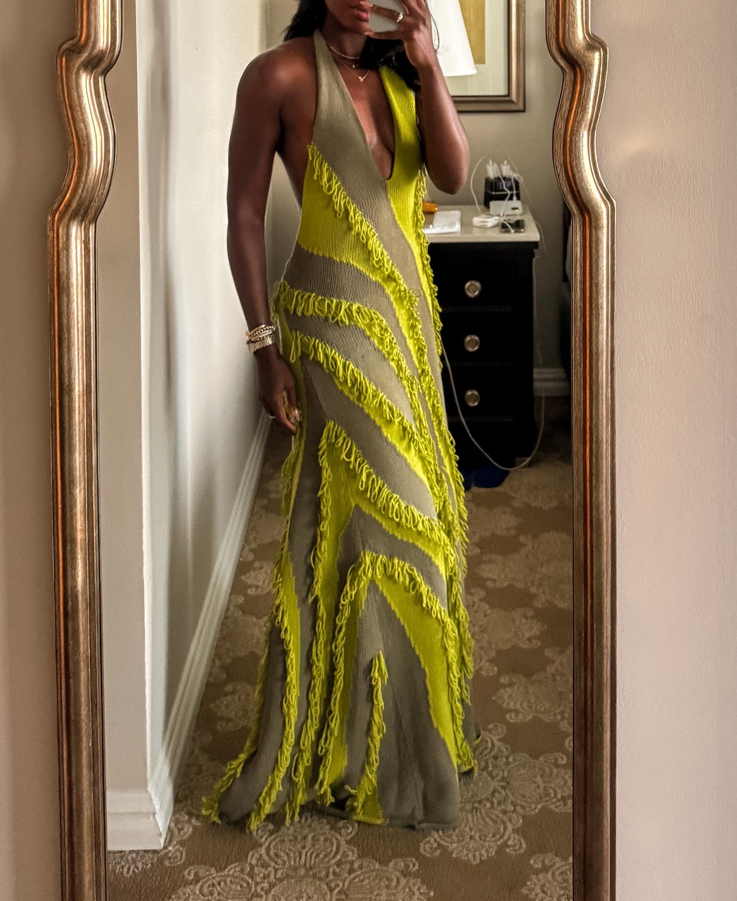 Green Tassel Knit Halter Maxi Dress