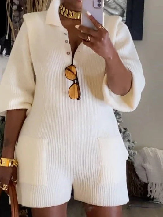 Knitted Lapel Button Jumpsuit