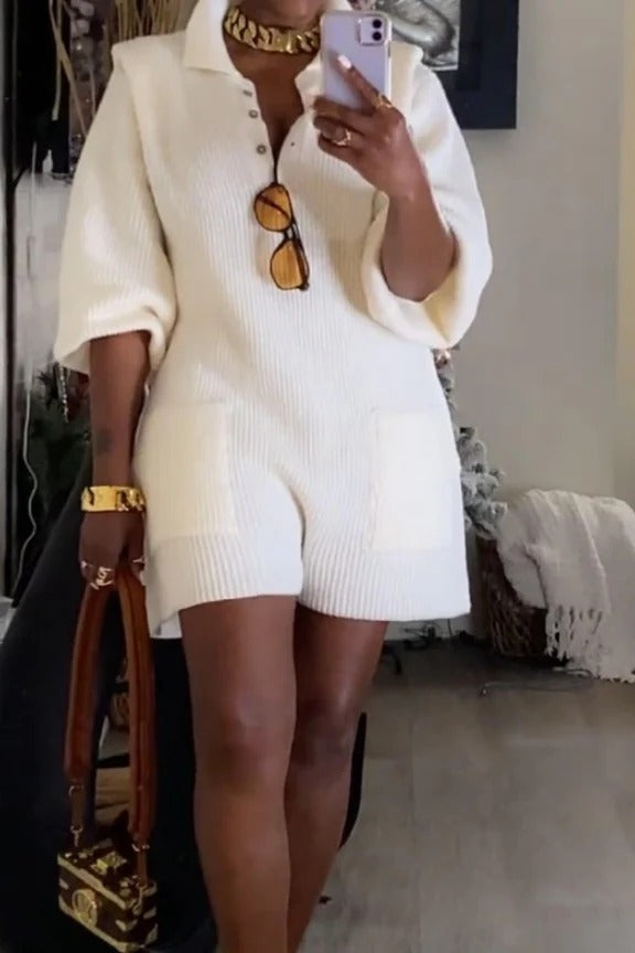 Knitted Lapel Button Jumpsuit
