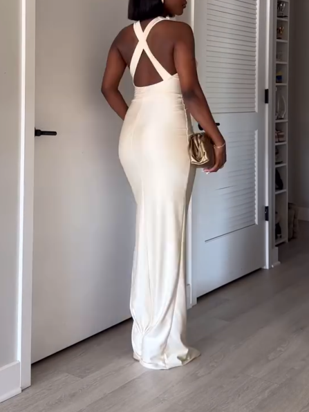 White Deep V-Neck Hip Skirt