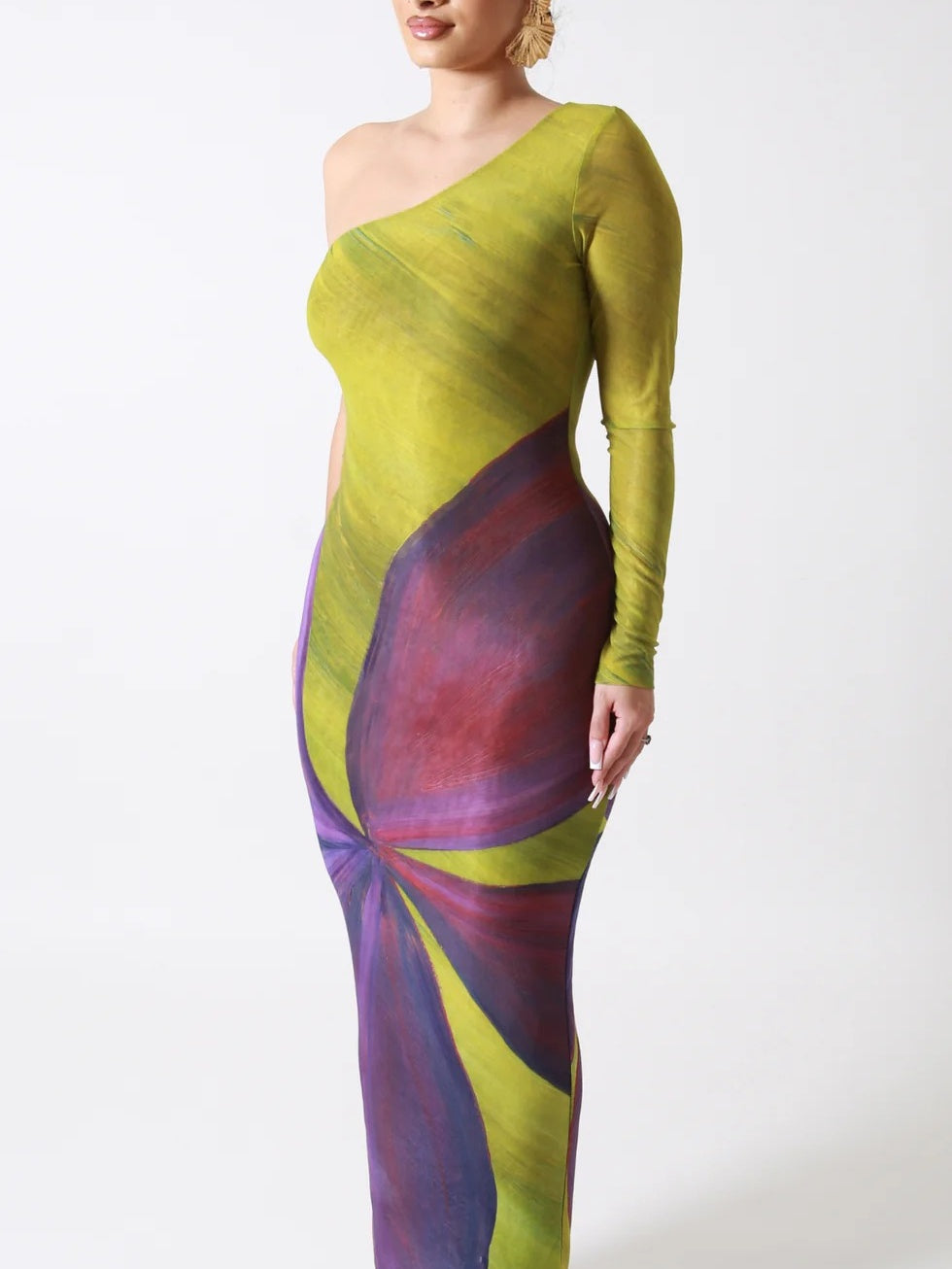 Unilateral Shoulder Yellow And Purple Hip Skirt