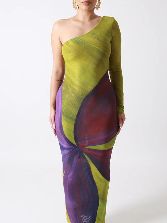 Unilateral Shoulder Yellow And Purple Hip Skirt