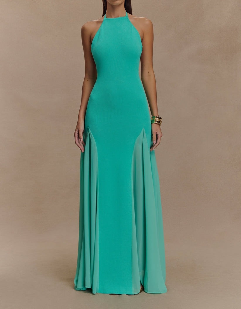 Knit And Mesh Halter Maxi Dress