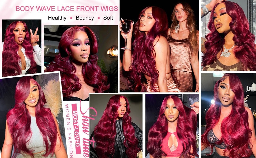 Burgundy Body Wave Lace Front Wigs 13x6 HD Transparent Lace 180% Density Wine Red