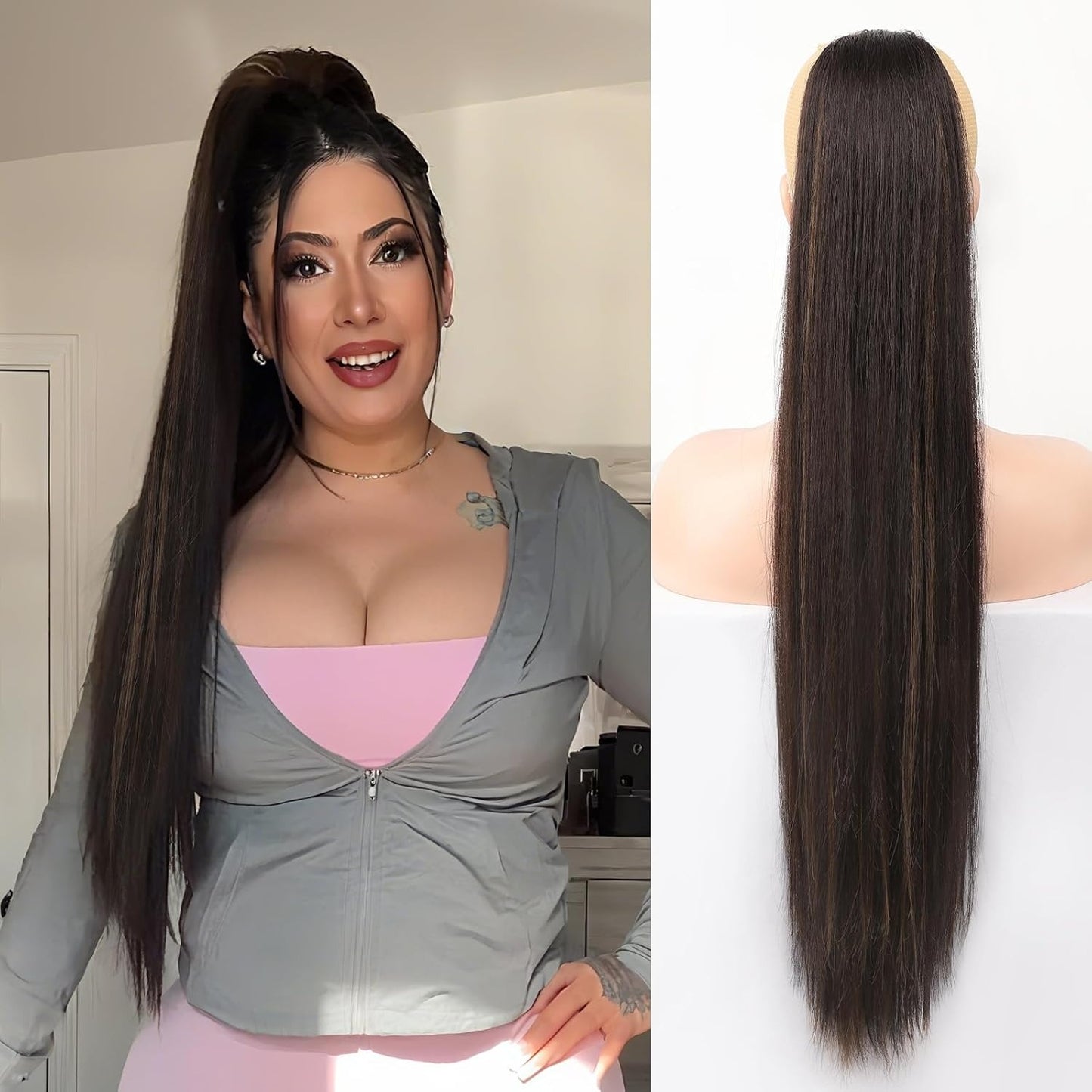 Natural Soft Clip In & Drawstring Long Straight Ponytail Extension For Women Synthetic Hairpiece