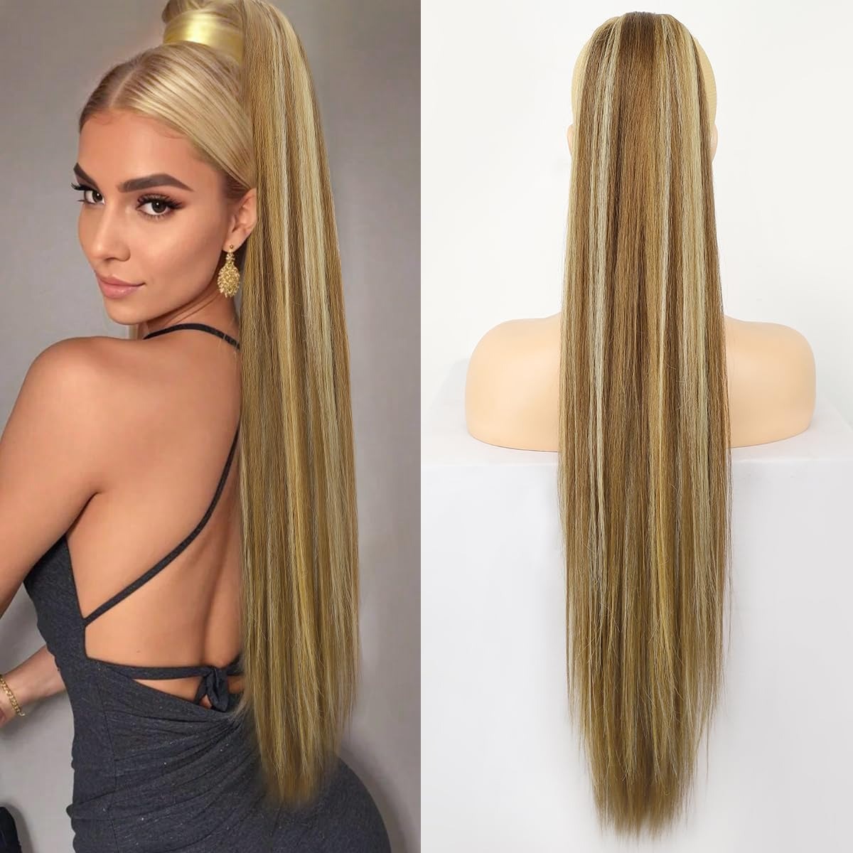 Natural Soft Clip In & Drawstring Long Straight Ponytail Extension For Women Synthetic Hairpiece