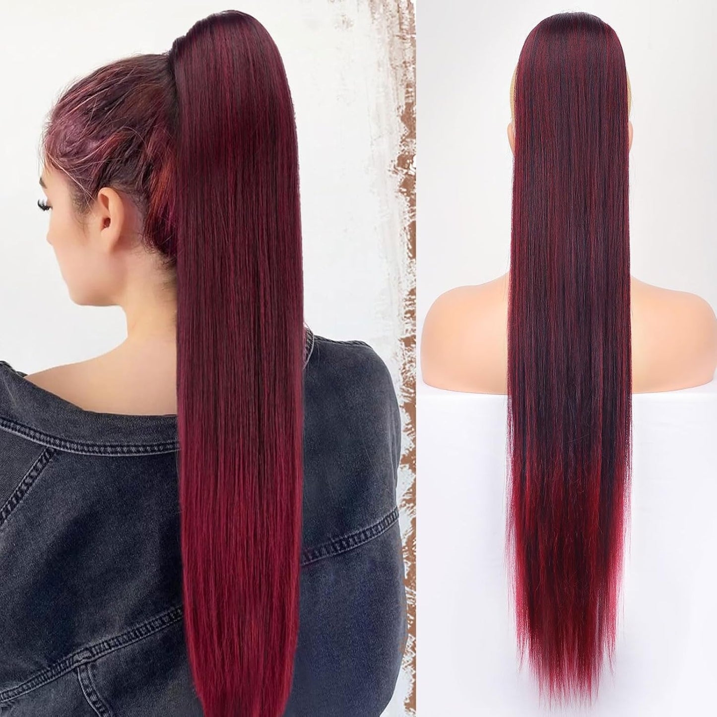 Natural Soft Clip In & Drawstring Long Straight Ponytail Extension For Women Synthetic Hairpiece