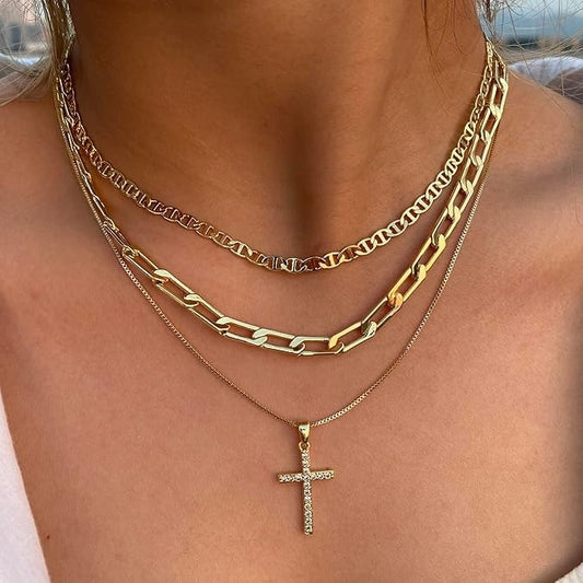 3pcs Layered Stacked Cross Pendant Necklace Set For Women