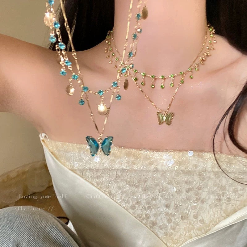 Cool Summer Butterfly Double-layer Tassel Clavicle Chain Necklace Accessories