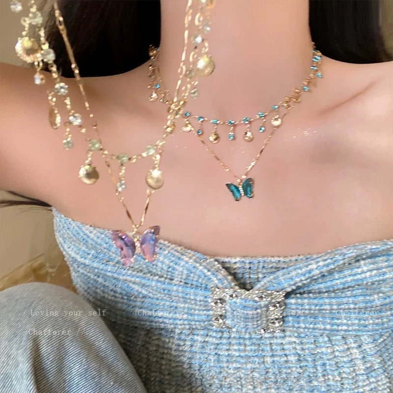 Cool Summer Butterfly Double-layer Tassel Clavicle Chain Necklace Accessories