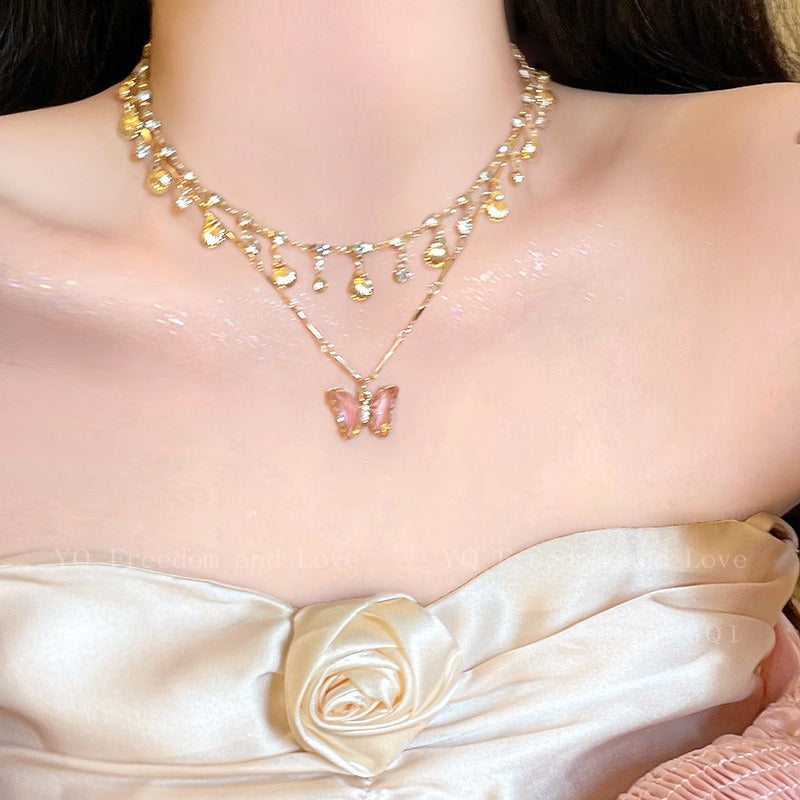 Cool Summer Butterfly Double-layer Tassel Clavicle Chain Necklace Accessories
