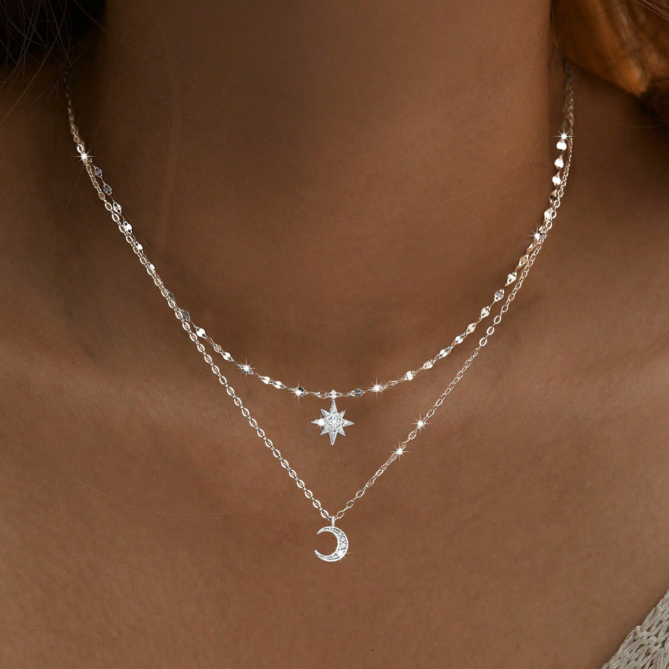Moon & Star Pendant Double Layer Necklace