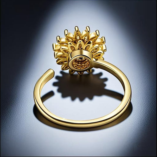 Vintage 18K Gold Diamond Sunflower Adjustable Rotating Ring