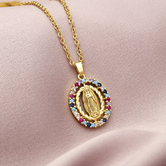 Vintage Non-Fading Copper Inlaid Zircon Our Lady Pendant Necklace