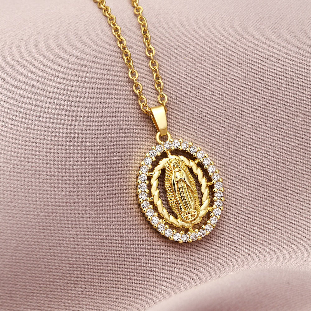 Vintage Non-Fading Copper Inlaid Zircon Our Lady Pendant Necklace