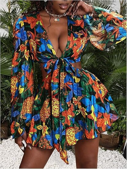 Sexy Summer Tropical Floral Print Chiffon Deep V Cut Out Halter A-Line Mini Dress