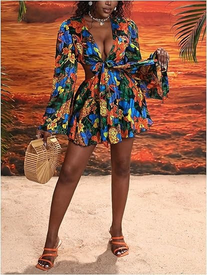 Sexy Summer Tropical Floral Print Chiffon Deep V Cut Out Halter A-Line Mini Dress