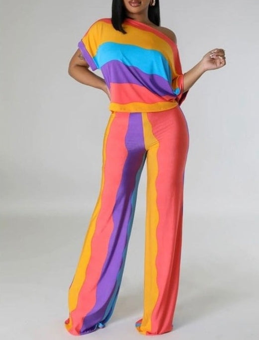 Women 2 Piece Casual Set Colorful Stripe Outfits