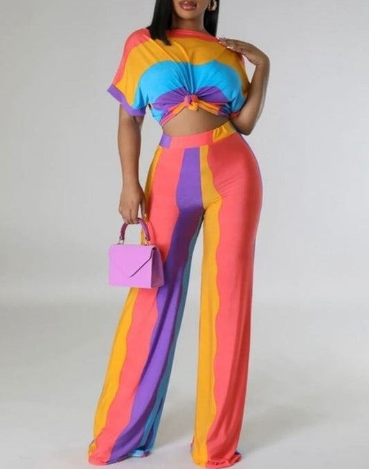 Women 2 Piece Casual Set Colorful Stripe Outfits