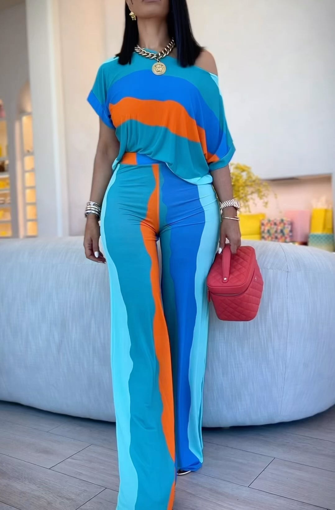 Women 2 Piece Casual Set Colorful Stripe Outfits