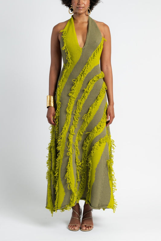 Green Tassel Knit Halter Maxi Dress