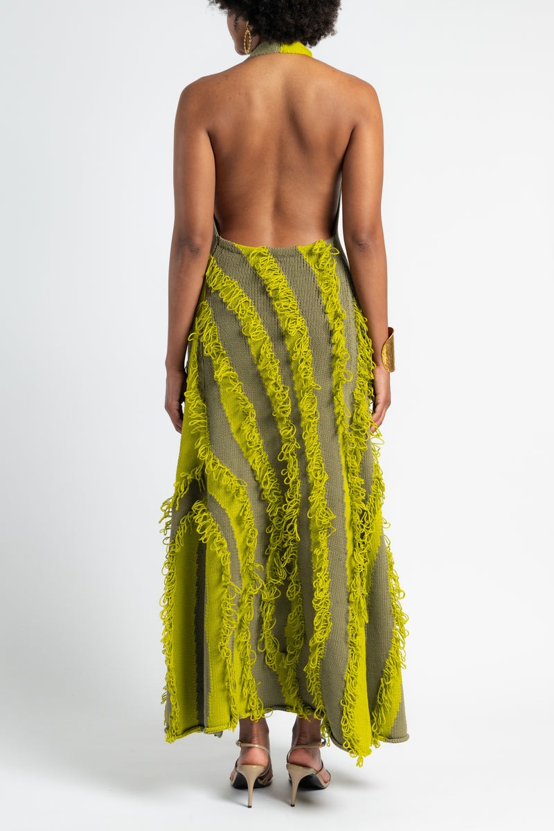 Green Tassel Knit Halter Maxi Dress