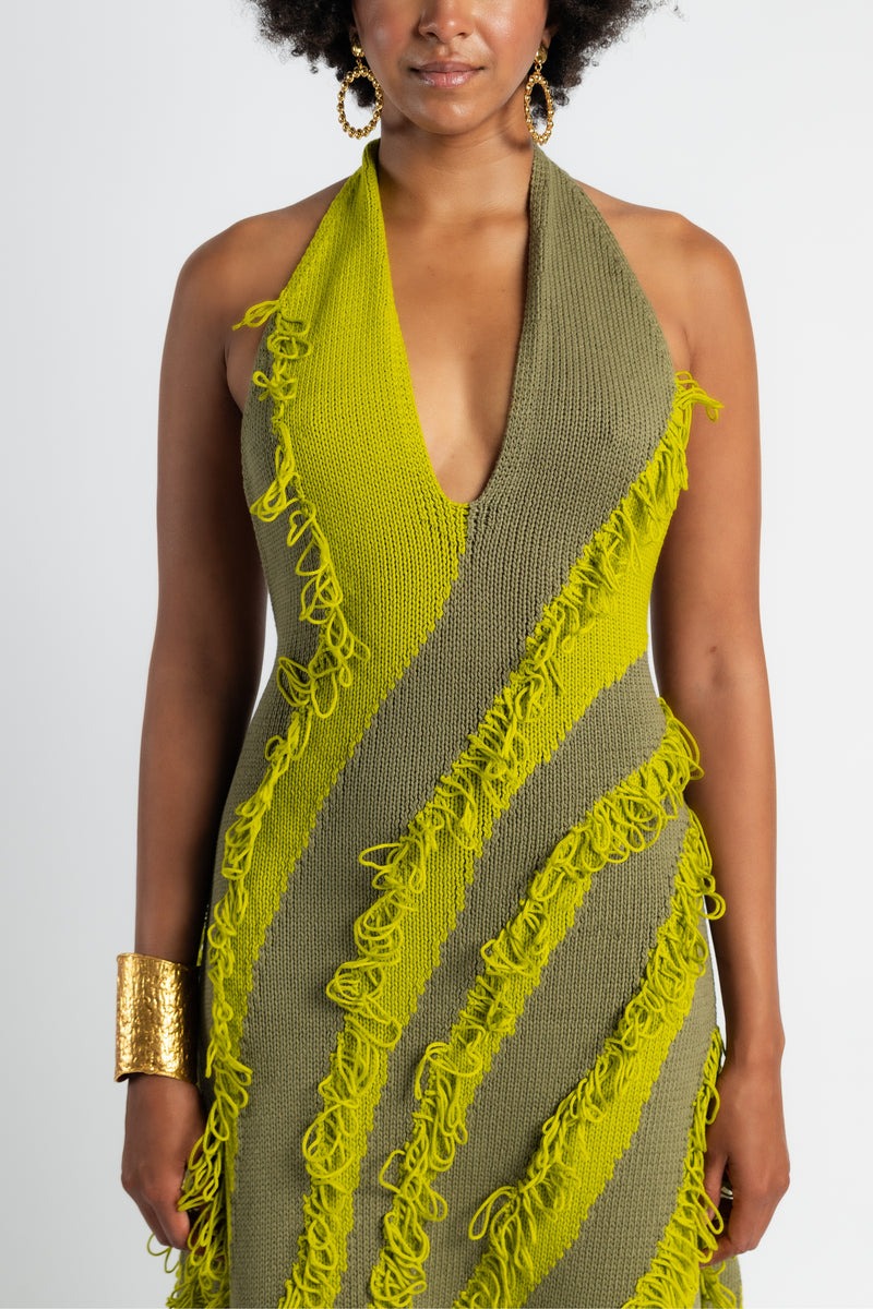 Green Tassel Knit Halter Maxi Dress