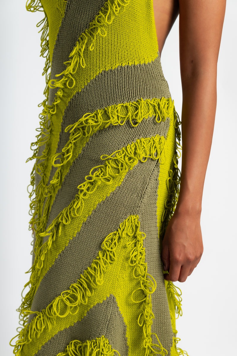 Green Tassel Knit Halter Maxi Dress