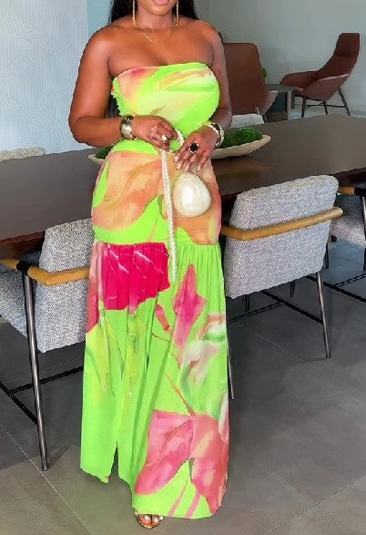 Tube Top Long Dress Sexy Strapless Mesh Backless High Slit Maxi Dress