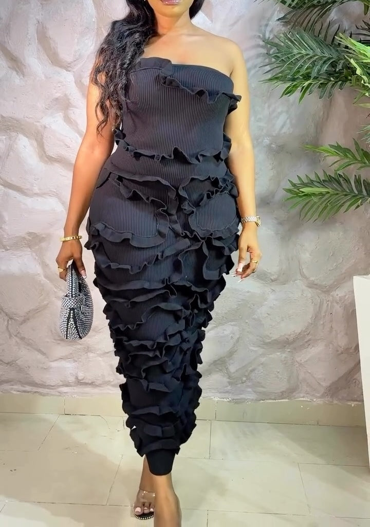 Knitted Ruffle Texture Stretch Midi Dress