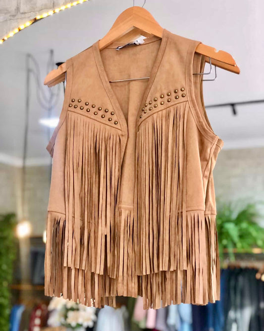 Western-style Double-breasted Studded Faux Suede Fringe Cardigan