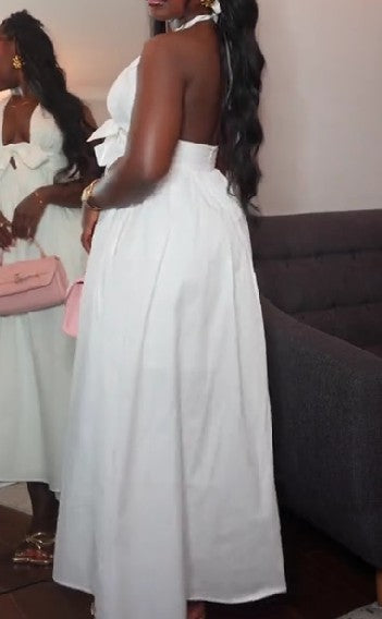 White Halterneck Dress With Bow Tie