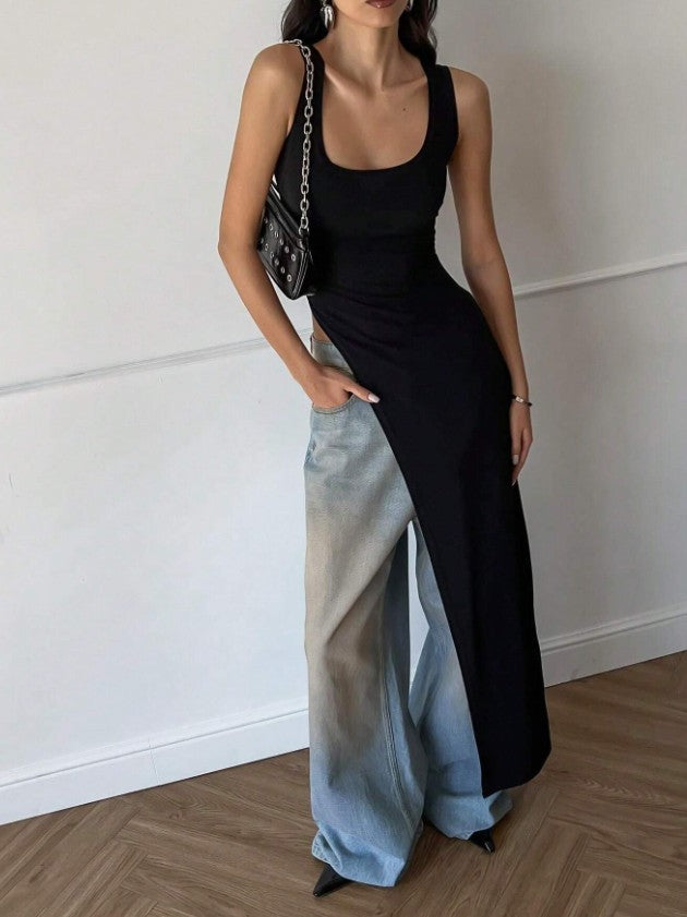 Racy Dark Edgy Long Slit Back Tank Top For Women