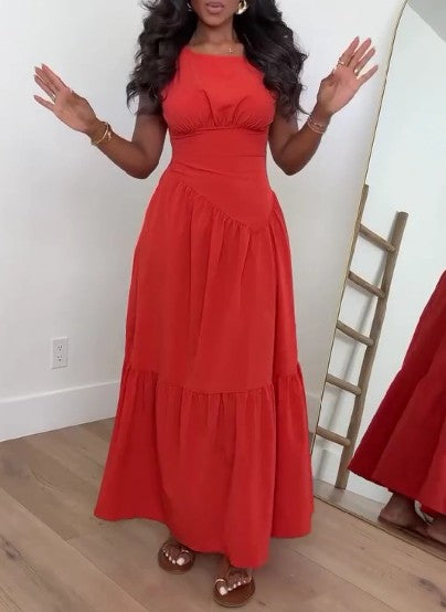 Sleeveless Loose Flowy Crew Neck High Waist Maxi Dress