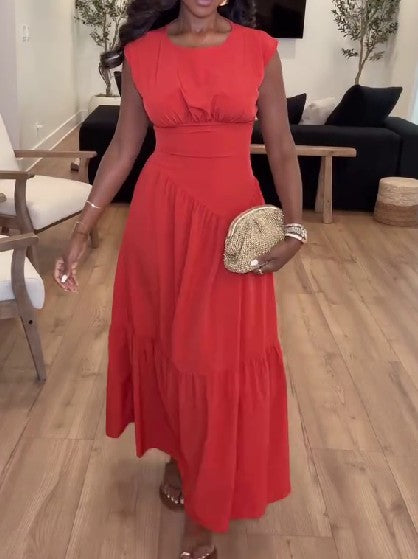 Sleeveless Loose Flowy Crew Neck High Waist Maxi Dress