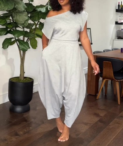 Women's Casual Solid Color Asymmetrical Neckline Loose 2pcs Set