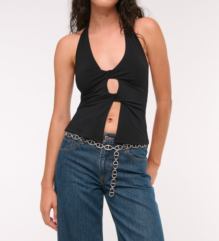 Bra-Free Twist Halter Cutout Top