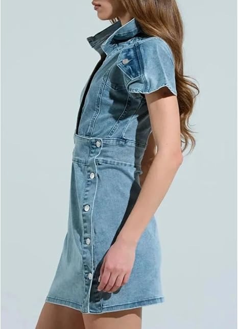 V-Neck Buttons Wrap Hip Denim Dress