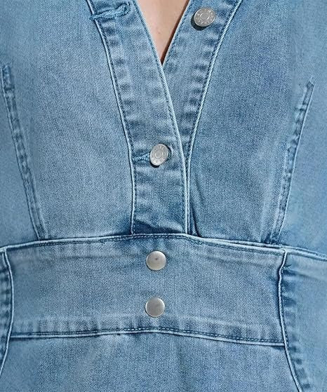 V-Neck Buttons Wrap Hip Denim Dress