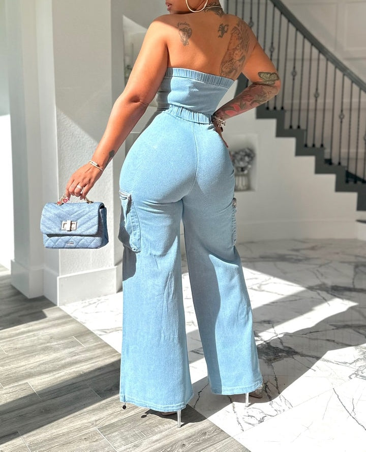 Bandeau Denim Jumpsuit With Pockets
