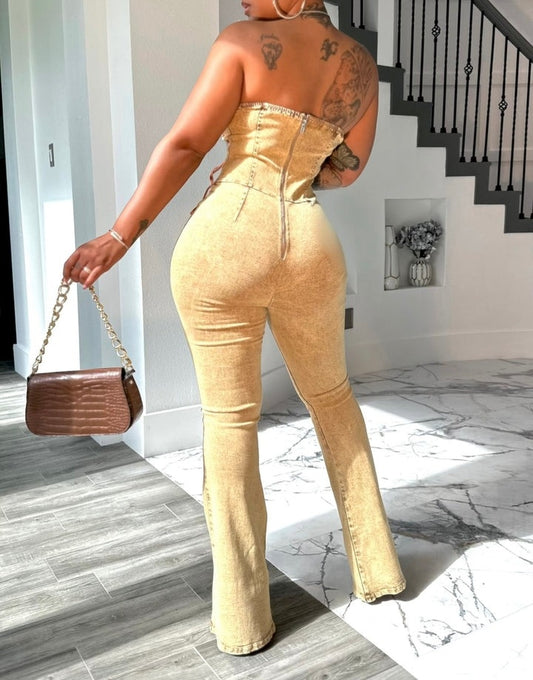 Yellow Denim Jumpsuit With Lace-up Top