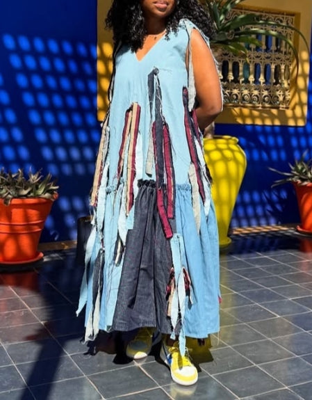 V-neck Sleeveless Denim Patchwork Dress