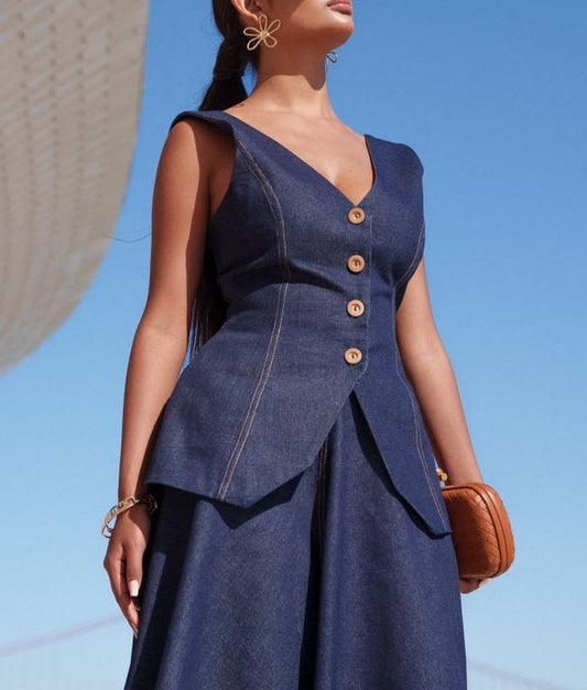 V-neck Vest Loose Pants Denim Suit